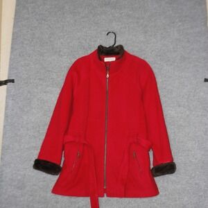 Vintage Jonathan Michael Coat Women 48 Red Wool Blend Faux Fur Trim Belted Zip